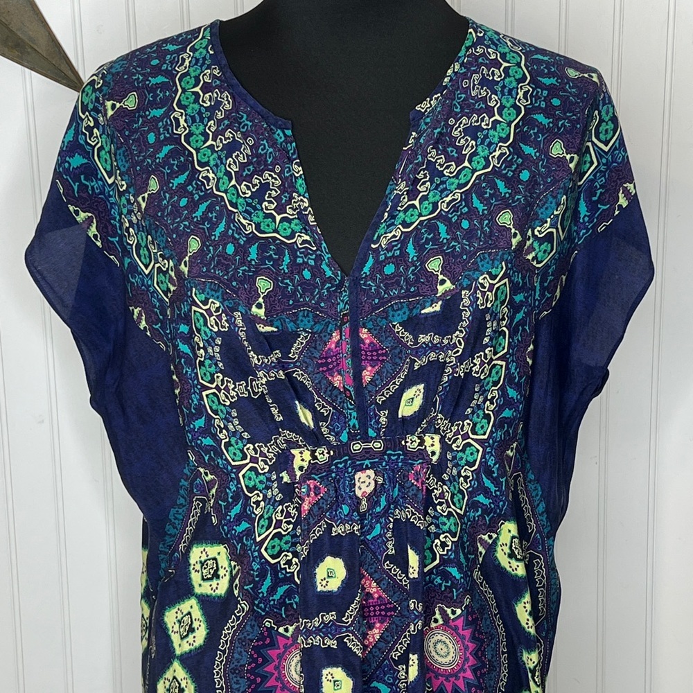 Maeve Silk Vibrant Blue and Green Midi Dress Size Medium Petite - Picture 2 of 9